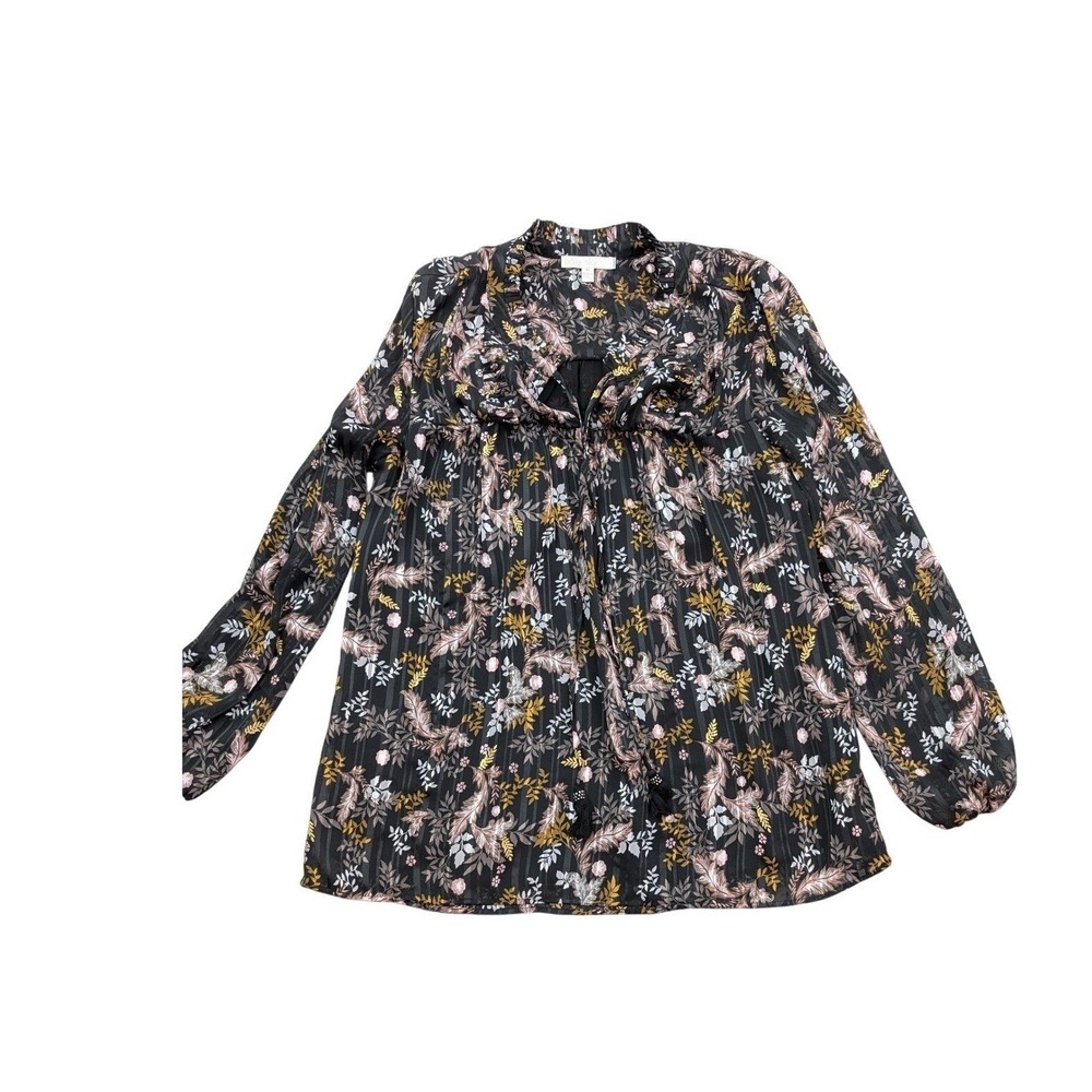Pale Sky Womens Medium Floral Feather Print Ruffle Tie Neck Blouse Black Pink